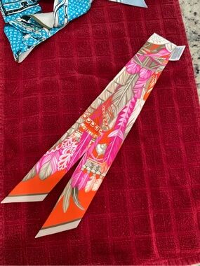 Hermes Silk Twilly Scarf with Pink & Orange Feather Motif